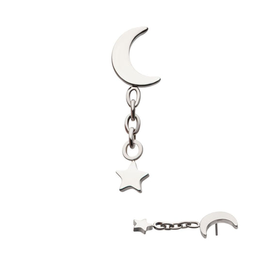 Titanium Threadless Crescent Moon Top with Dangle Star