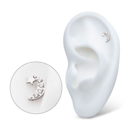 Titanium Threadless Star with Pave Set CZ Crescent Moon Top