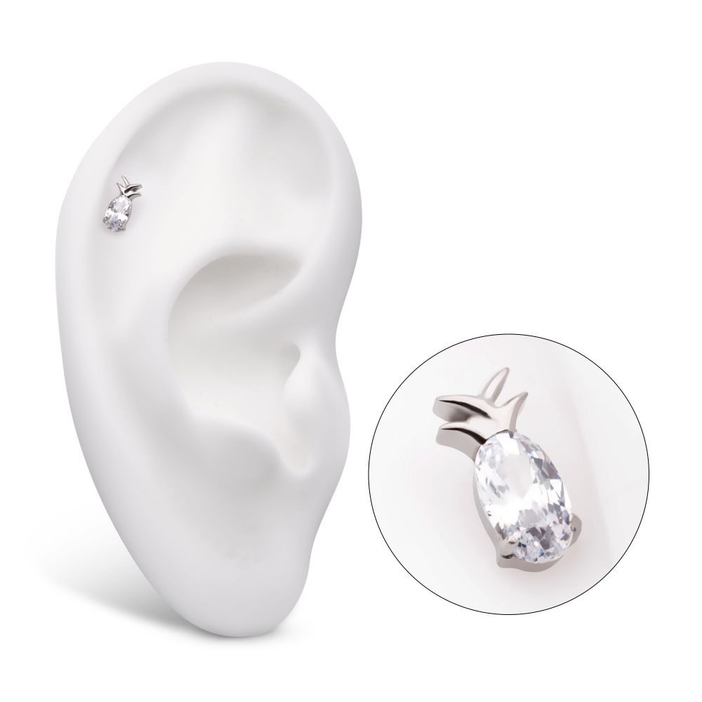 Titanium Threadless Prong Set Oval CZ Gem Pineapple Top