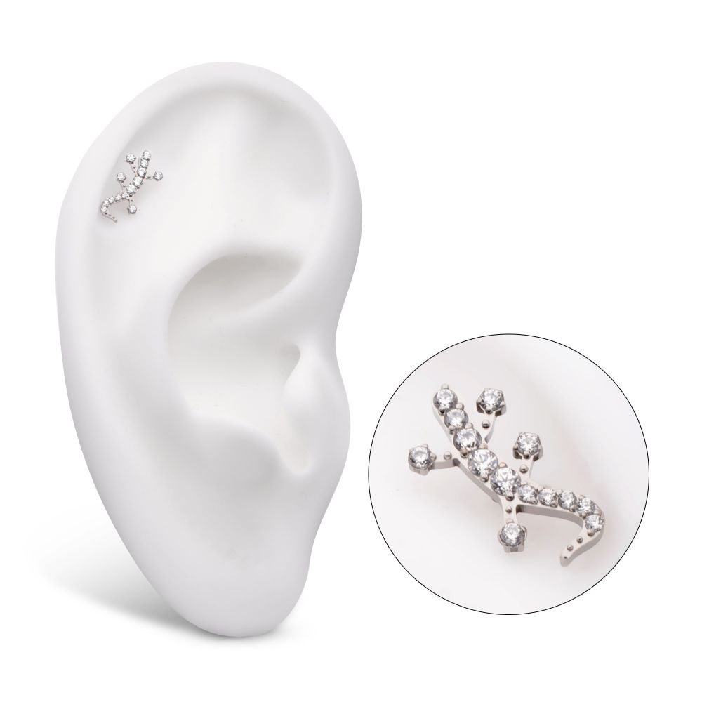 Titanium Threadless Pave Set Round CZ Gem Lizard Top