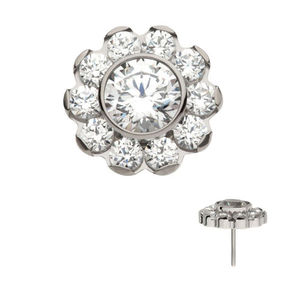 Titanium Threadless Flower Top with 11 Clear CZ