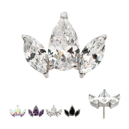 Titanium Threadless 3 Cluster Top with Prong Set Teardrop & Marquise CZ