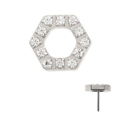 Titanium Threadless Pave Set Round CZ Gem Hexagon Top