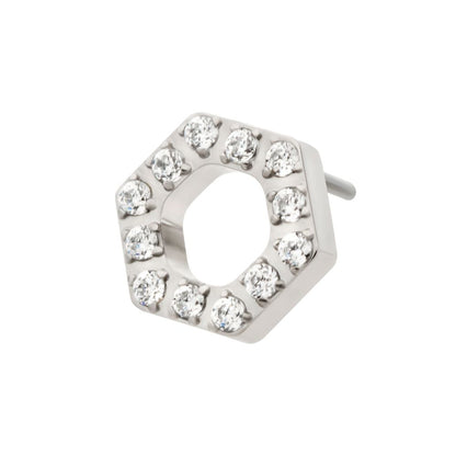 Titanium Threadless Pave Set Round CZ Gem Hexagon Top