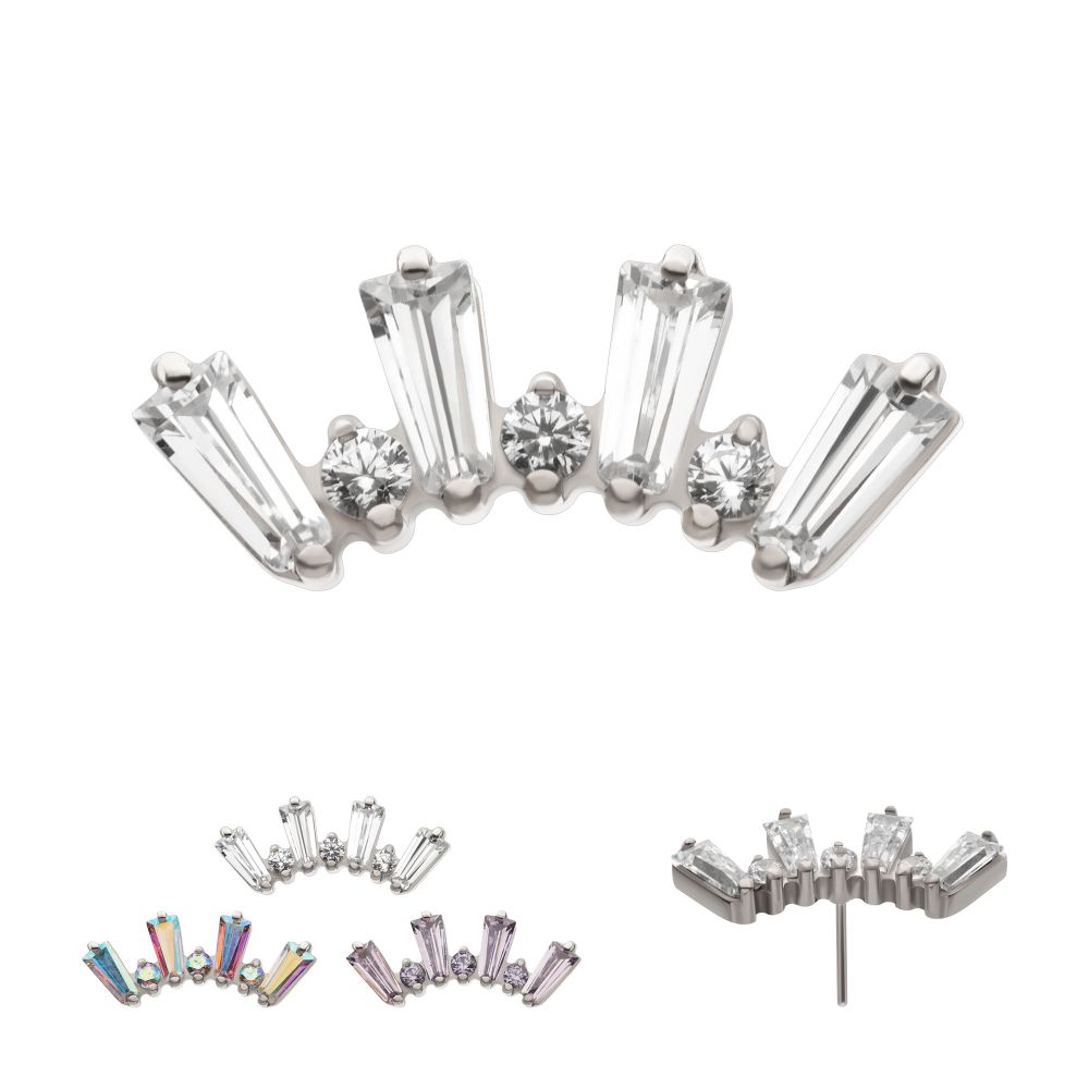 Titanium Threadless Prong Set Baguette & Round CZ 7-Cluster Top