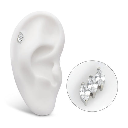 Titanium Threadless Prong Set Marquise CZ Diagonal 3-Cluster Top