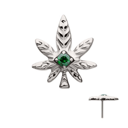 Titanium Threadless Prong Set Emerald Green Gem Pot Leaf Top
