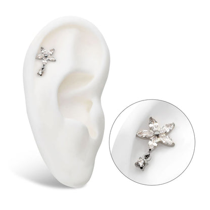 Titanium Threadless 5 Marquise CZ Flower Shape Top with Dangle Prong Set Round CZ