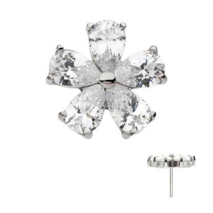 Titanium Threadless Prong Set CZ Gem 5-Petal Flower Top