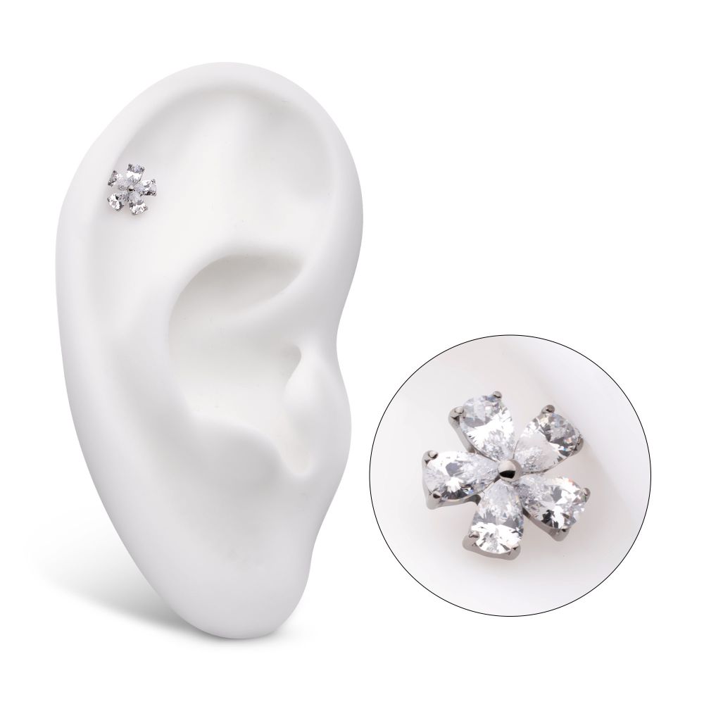 Titanium Threadless Prong Set CZ Gem 5-Petal Flower Top
