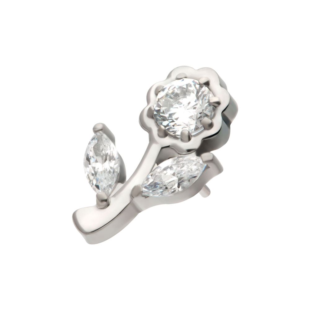 Titanium Threadless Prong Set Round & Marquise CZ Gem Rose Flower Top