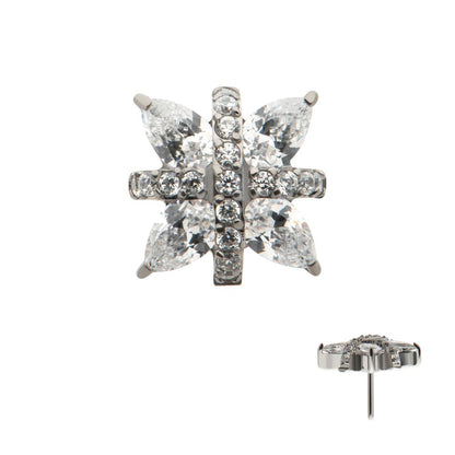 Titanium Threadless Paved CZ Cross with Pronged Marquise CZ Flower Top