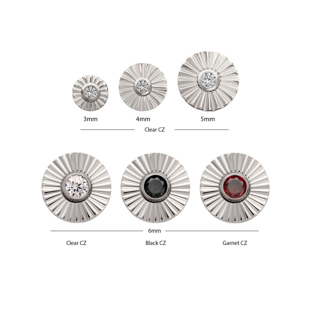Titanium Threadless Radiant Corrugated Round with Bezel Gem Top