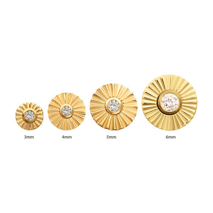 24Kt Gold PVD Titanium Threadless Radiant Corrugated Round with Bezel Gem Top