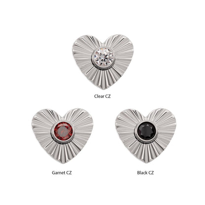 Titanium Threadless Corrugated Heart with Bezel Gem Top