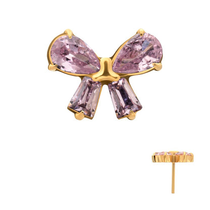 24Kt Gold PVD Titanium Threadless Bow Top with Prong Set Marquise & Baguette Gem