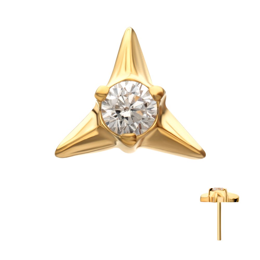 24KT Gold PVD Titanium Threadless Triangle Shape Top with Prong Set Gem