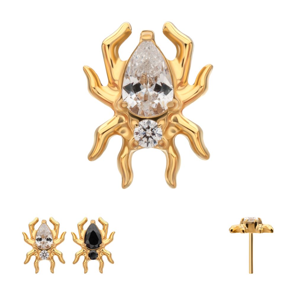 24KT Gold PVD Titanium Threadless Spider Top with Teardrop & Round Gem