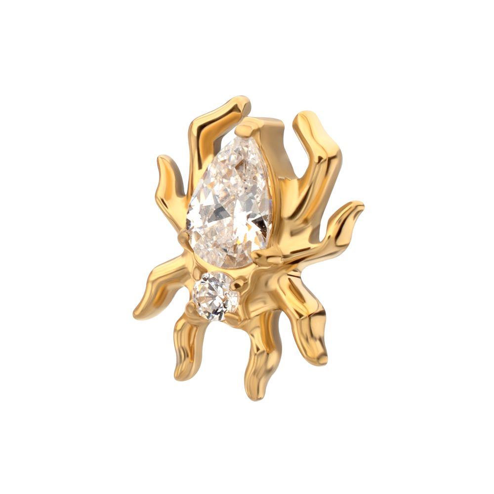 24KT Gold PVD Titanium Threadless Spider Top with Teardrop & Round Gem