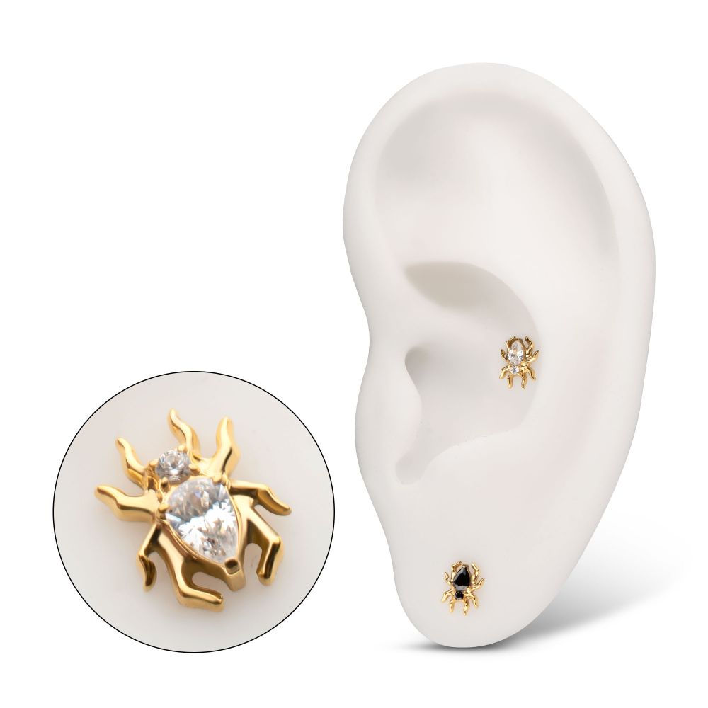 24KT Gold PVD Titanium Threadless Spider Top with Teardrop & Round Gem