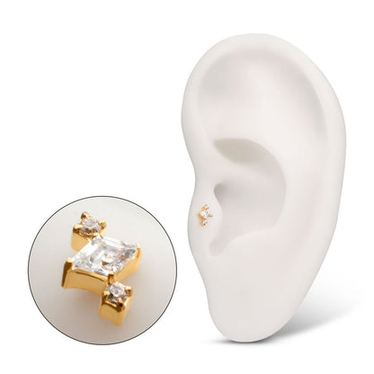 24KT Gold PVD Titanium Threadless 3-Cluster Top with Prong Set Round & Rhombus Gem