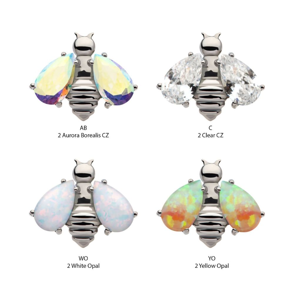 Titanium Threadless Bee with Prong Set Teardrop Shape CZ/Opal Wings Top