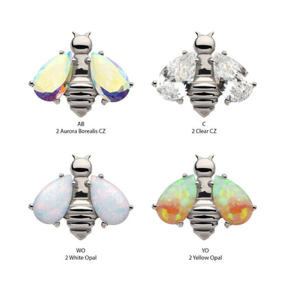 Titanium Threadless Bee with Prong Set Teardrop Shape CZ/Opal Wings Top