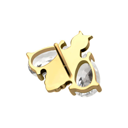 24Kt Gold PVD Titanium Threadless Bee with Prong Set Teardrop Shape CZ Wings Top