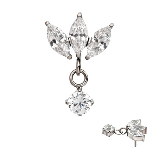Titanium Threadless 3 Cluster Marquise CZ Top with Dangle 4-Prong Round CZ
