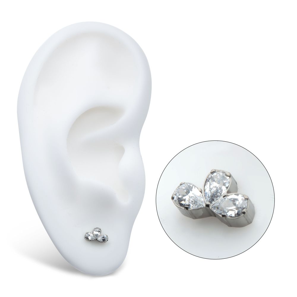Titanium Threadless Fan Shape Top with 3 Cluster Prong Set Teardrop CZ