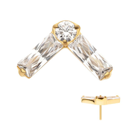 24Kt Gold PVD Titanium Threadless Prong Set Baguette & Round CZ Chevron Shape Top