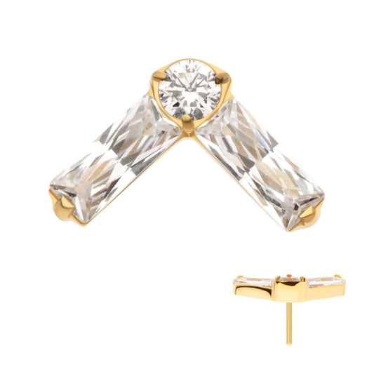 24Kt Gold PVD Titanium Threadless Prong Set Baguette & Round CZ Chevron Shape Top