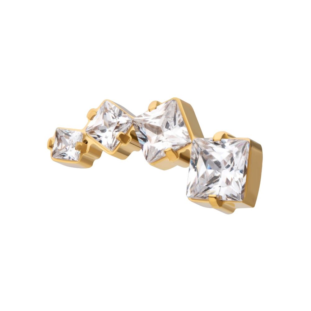 24Kt Gold PVD Titanium Threadless Prong Set Princess Cut Gem Staggered 4-Cluster Top
