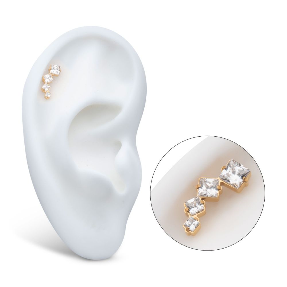 24Kt Gold PVD Titanium Threadless Prong Set Princess Cut Gem Staggered 4-Cluster Top