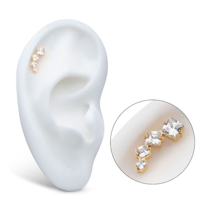 24Kt Gold PVD Titanium Threadless Prong Set Princess Cut Gem Staggered 4-Cluster Top