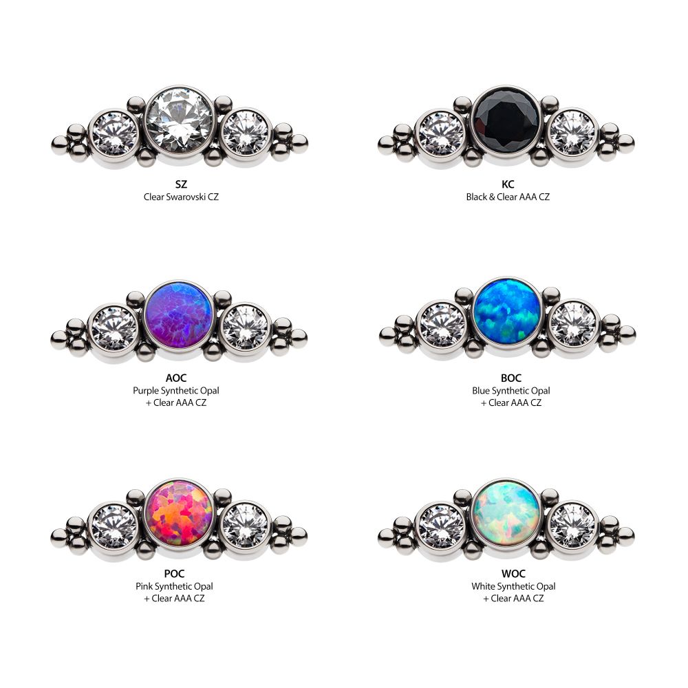 Titanium Threadless 3-Bezel Set Synthetic Opal/AAA Gem/Swarovski Zirconia & Beads Cluster Top