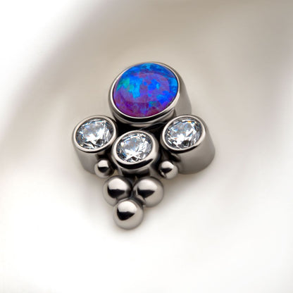 Titanium Threadless 4-Bezel Set Synthetic Opal/AAA Gem/Swarovski Zirconia & Beads Cluster Top