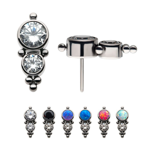 Titanium Threadless 2-Bezel Set Synthetic Opal/AAA Gem/Swarovski Zirconia & Beads Cluster Top