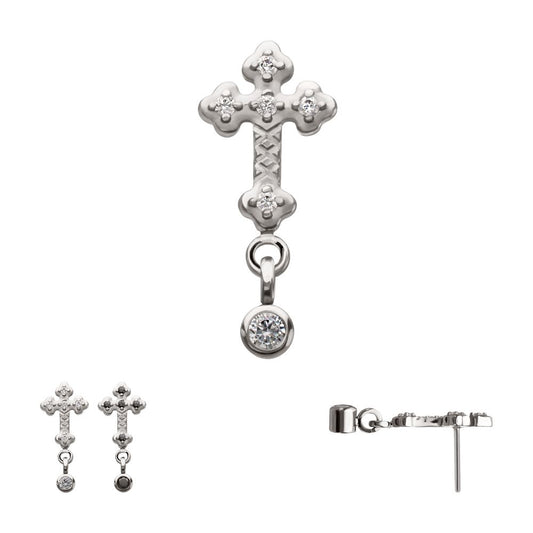 Titanium Threadless Milgrain Edge Prong Set CZ Gem Cross Top with Dangle Bezel Gem