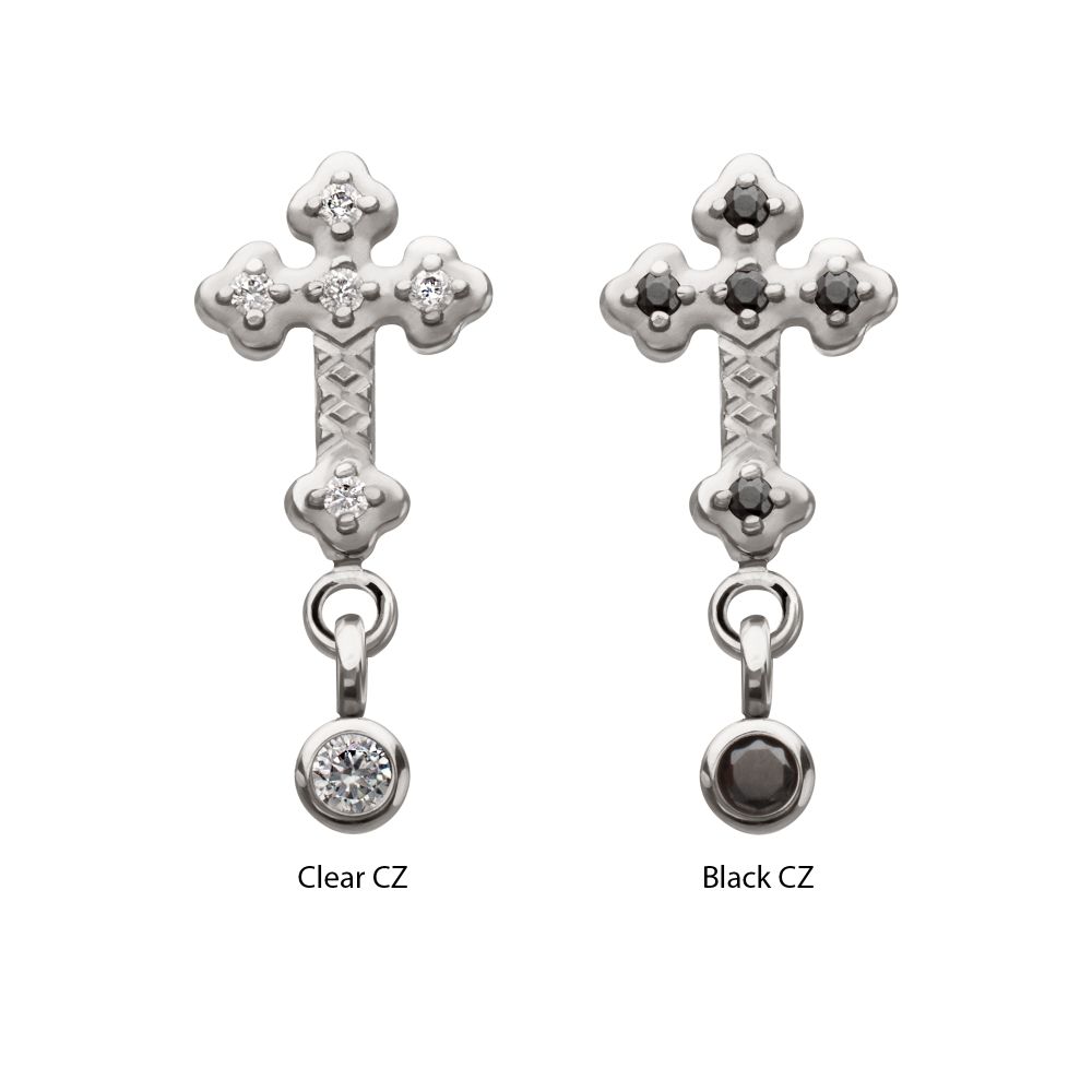 Titanium Threadless Milgrain Edge Prong Set CZ Gem Cross Top with Dangle Bezel Gem