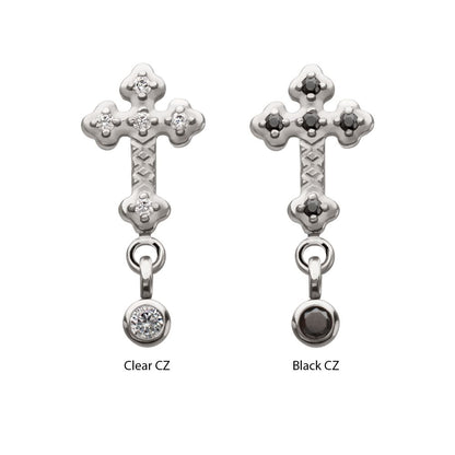 Titanium Threadless Milgrain Edge Prong Set CZ Gem Cross Top with Dangle Bezel Gem