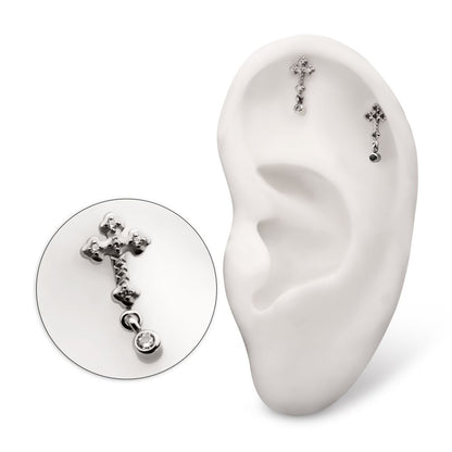 Titanium Threadless Milgrain Edge Prong Set CZ Gem Cross Top with Dangle Bezel Gem