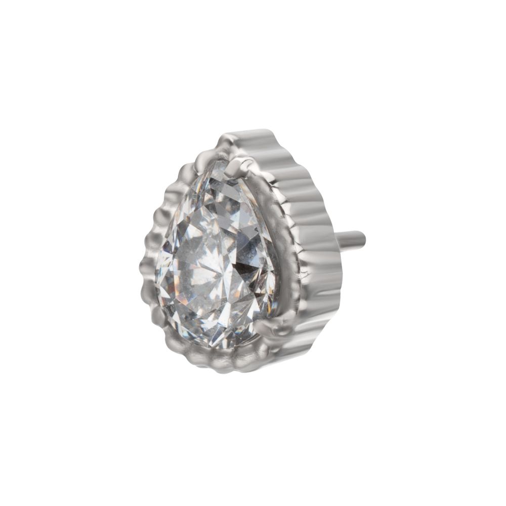 Titanium Threadless Beaded Edge Prong Set Teardrop CZ Gem Top