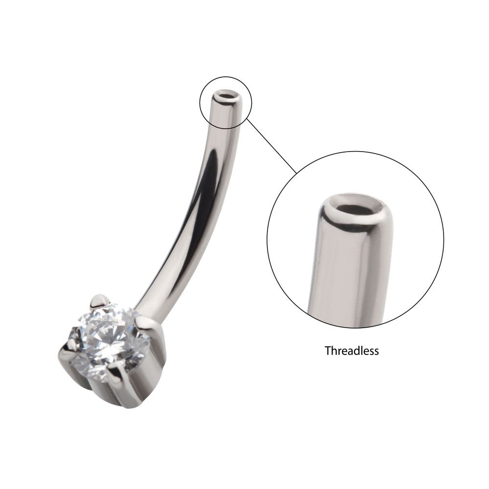 Titanium Threadless with Prong Set CZ Fixed Bottom Curved Barbell