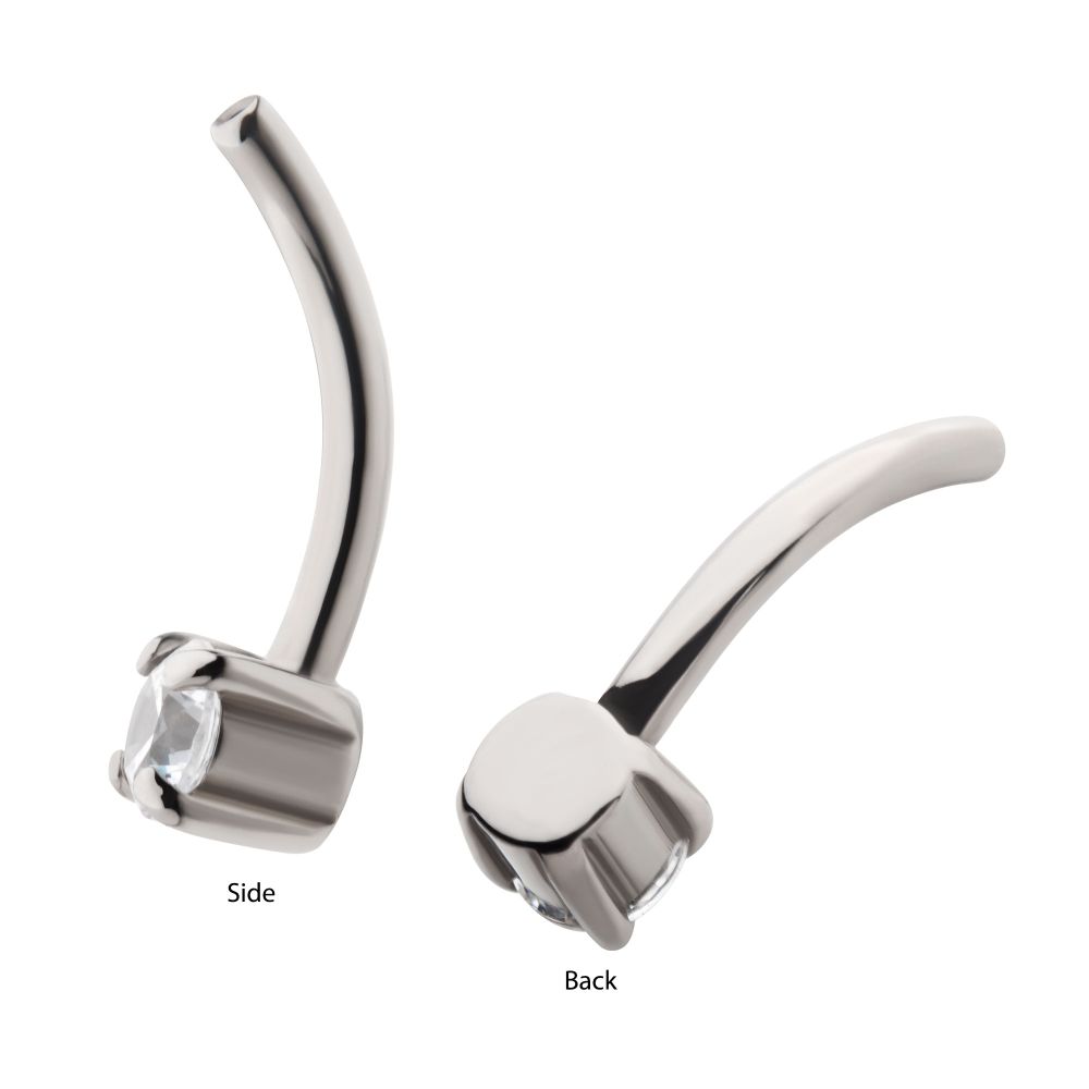Titanium Threadless with Prong Set CZ Fixed Bottom Curved Barbell