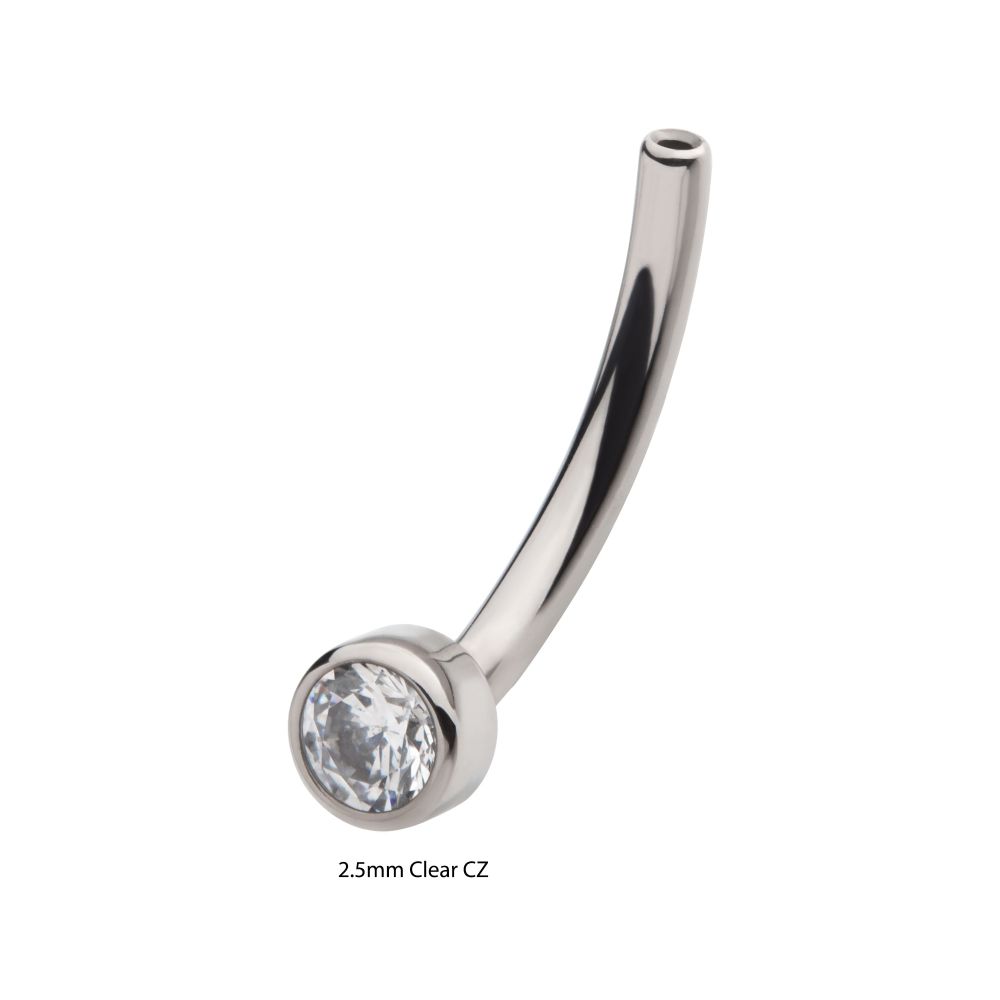 Titanium Threadless with Bezel Set CZ Fixed Disc Bottom Curved Barbell