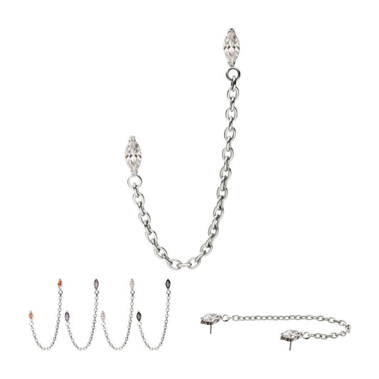 Titanium Threadless Double Prong Set Marquise Gem Top with Rolo Chain Dangle