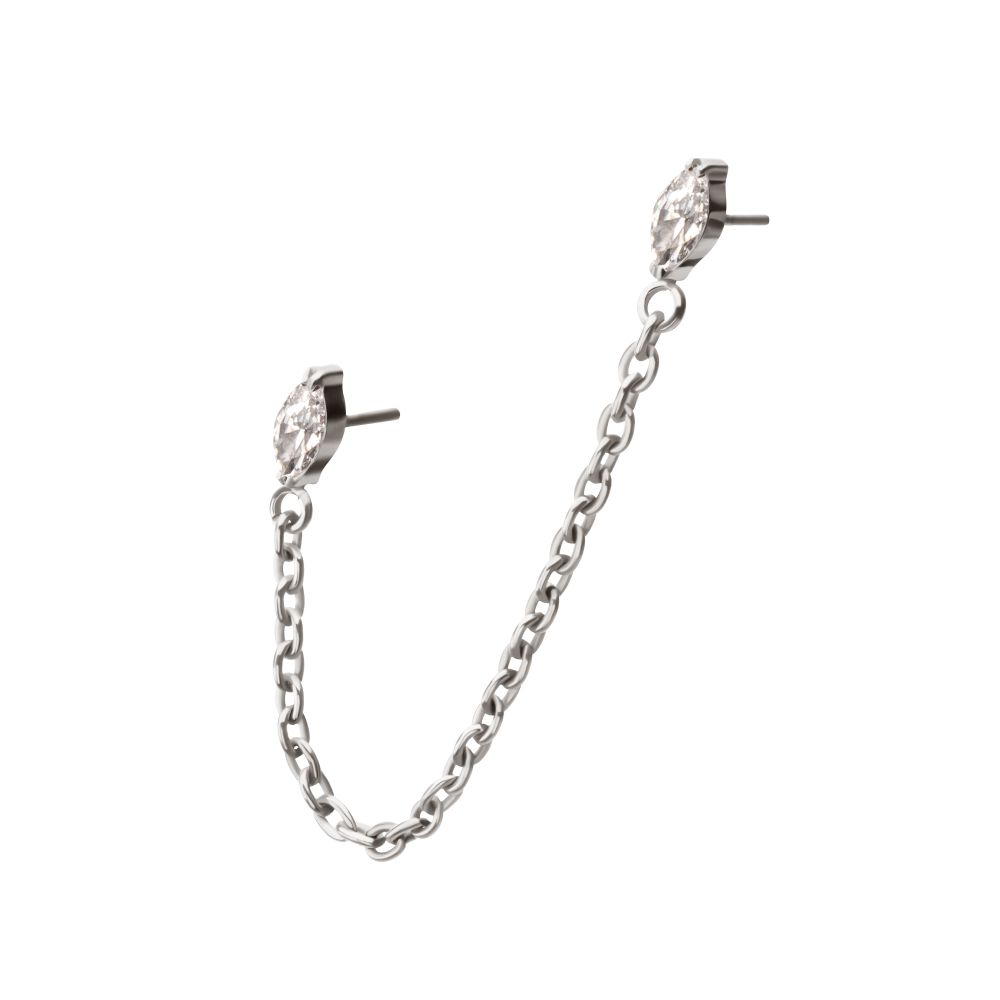 Titanium Threadless Double Prong Set Marquise Gem Top with Rolo Chain Dangle