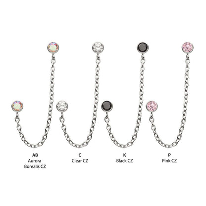 Titanium Threadless Double Bezel Set Gem Top with Rolo Chain Dangle