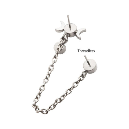 Titanium Threadless Triple Moon Phase & Duo Bezel Round CZ with Rolo Chain Dangle Tops